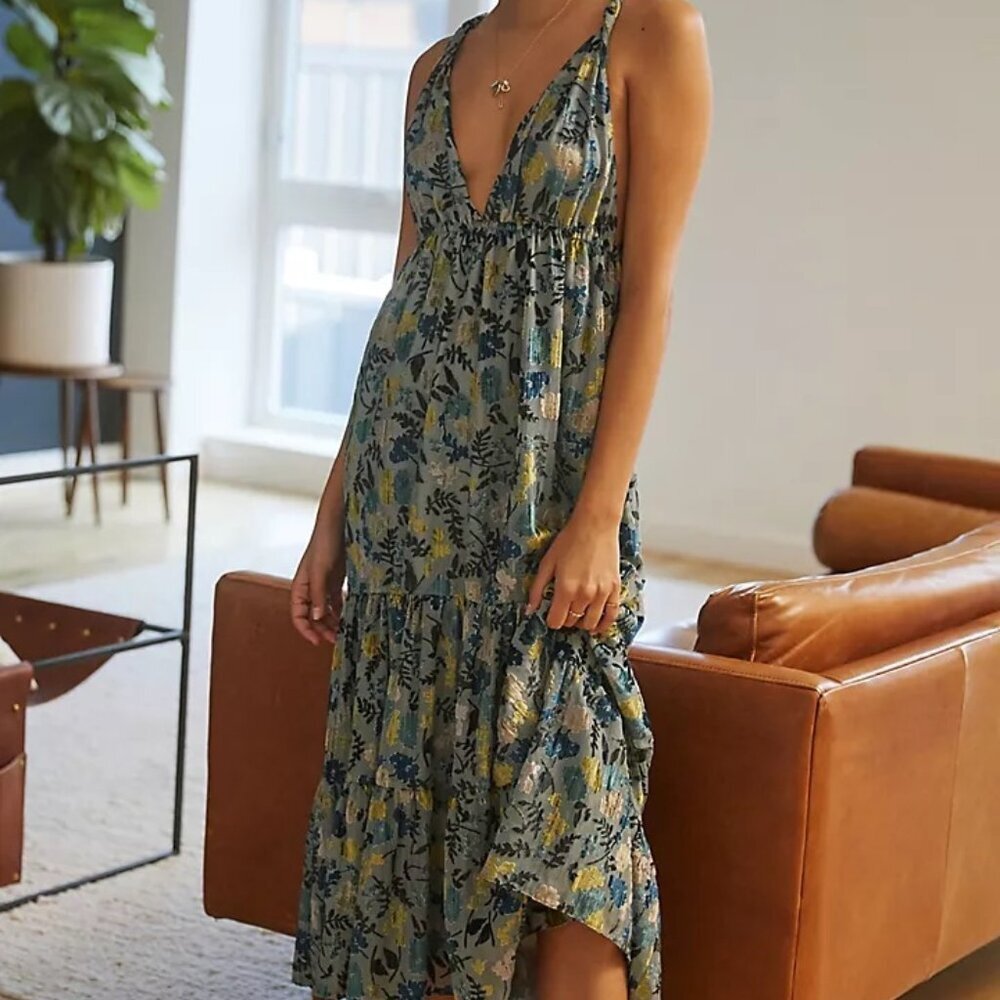 Anthropology velvet Floral Dress with Crisscross Back - Blues/Greens - Picture 2 of 14